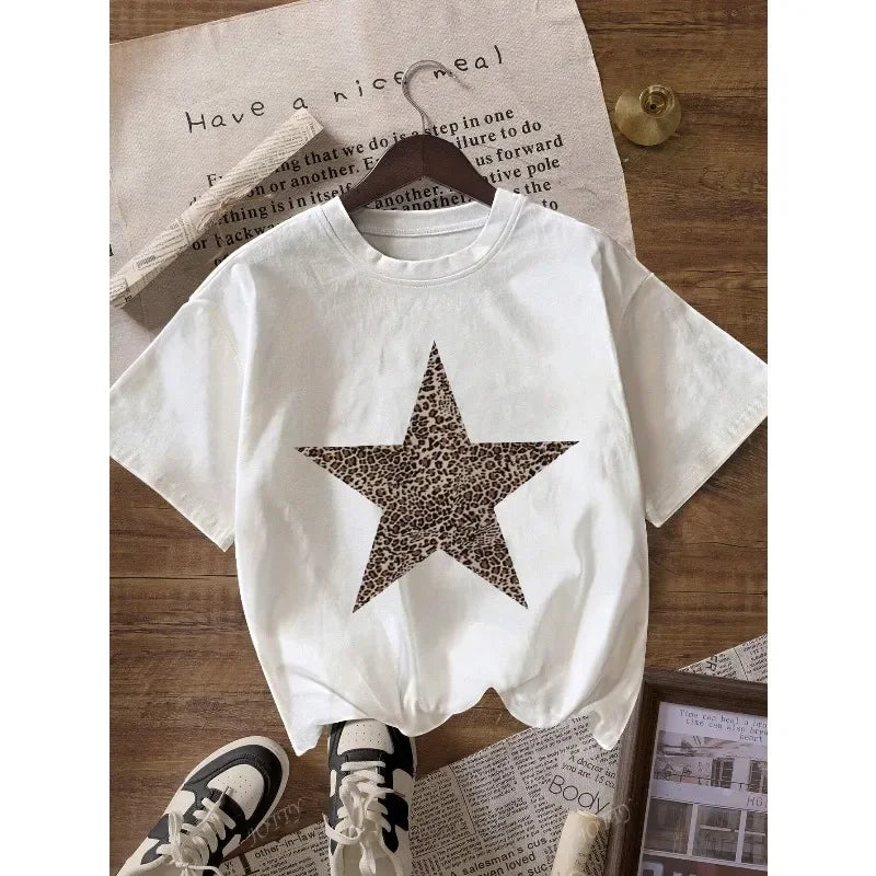 Leopard Print and Star Print Round Neck Short Sleeved Women's Casual T-shirt Fashion Trend Harajuku Women's T-shirt